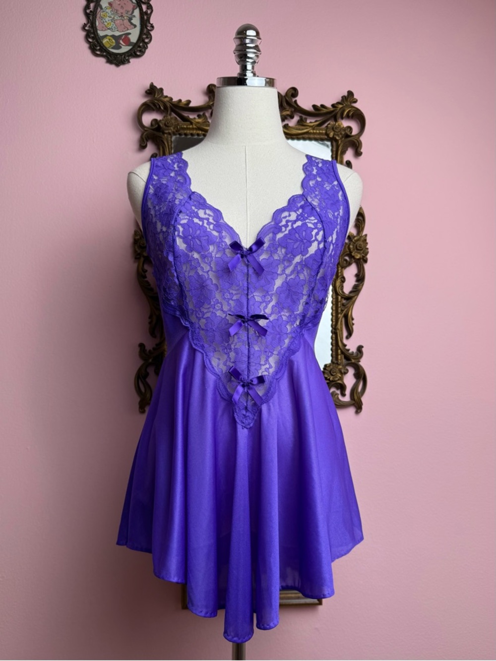Vintage 90s Adonna Purple Lace Bow V Shaped Skirt Lingerie Nightie Dress Medium